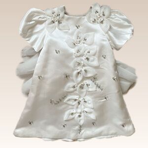 Beautiful White Satin Dress with Floral Accents